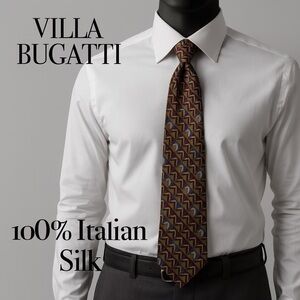 VILLA BUGATTI 100% Italian Silk Geometric Tie Burgundy Blue Gold 58” x 3.5”